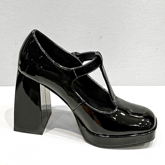 New Black Patent Mary Jane T-Strap Platform Chunky Heel Pumps - Picture 2 of 4